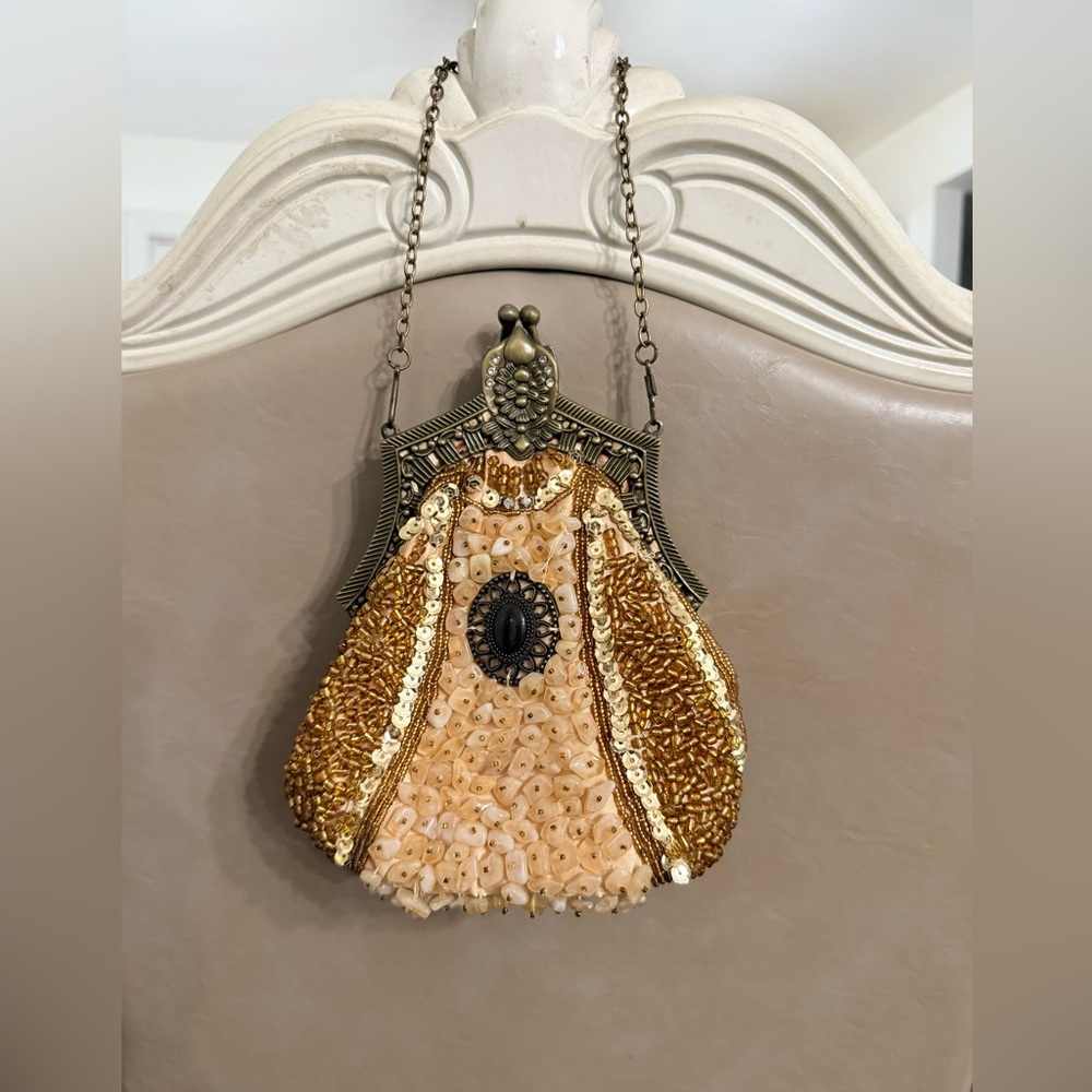 Elegant Gold and Cream Beaded Women's Bag